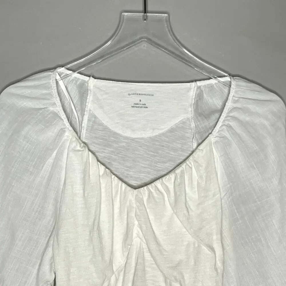 Anthropologie S Womens Ivory V Neck Ruched Knit Top Puff Sleeve *flaw